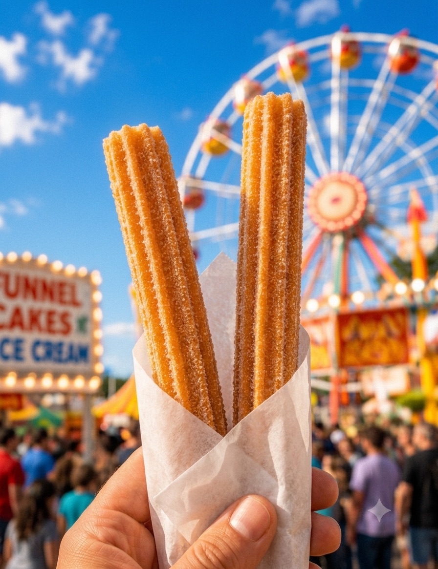 A hand holding fresh cinnamon-sugar churros in front of a fairground Ferris wheel